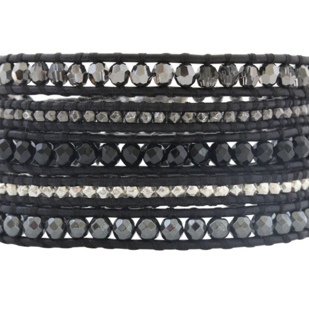 Chan Luu Black Onyx Mix Sterling Silver Gunmetal Nuggets on Black Leather Wrap